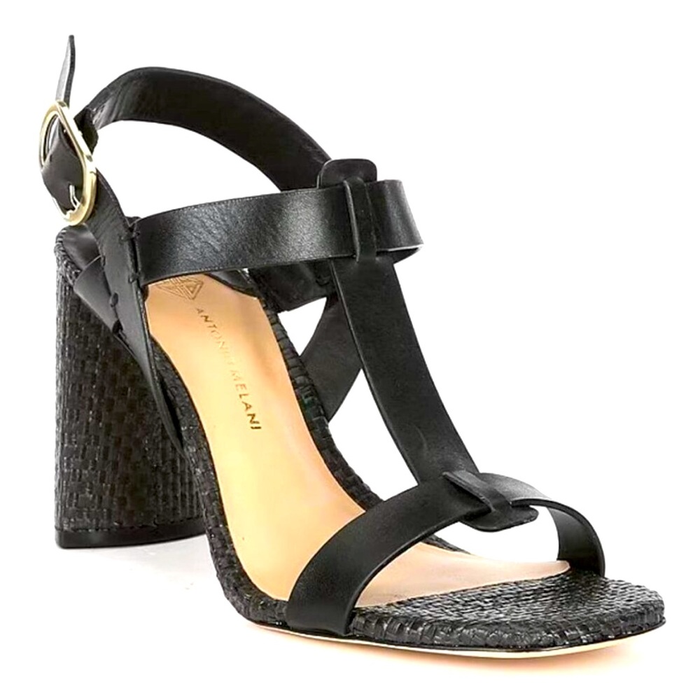 NIB Antonio Melani Marnie Leather Halterback Raffia Sandals in Black Size 7